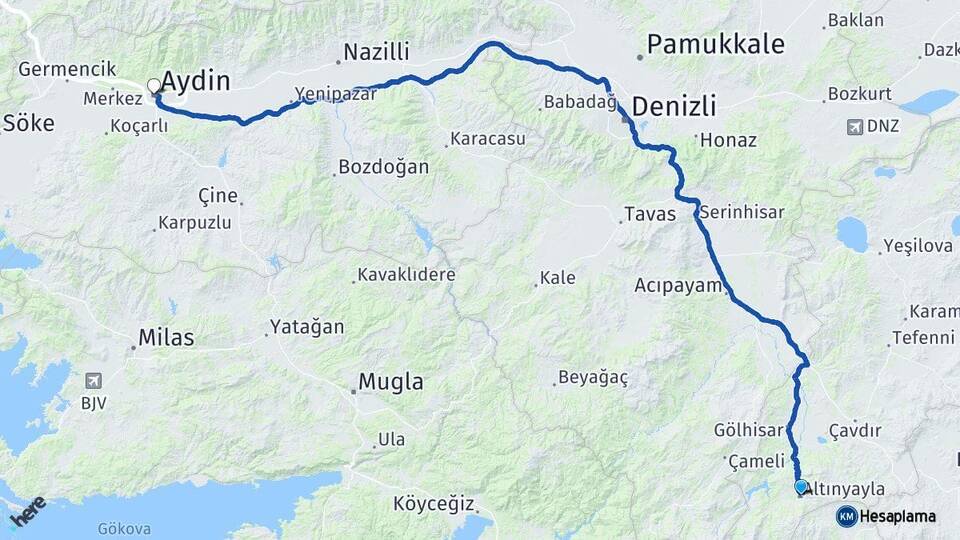 Burdur Altınyayla Aydın Arası Kaç Km - Yol Haritası