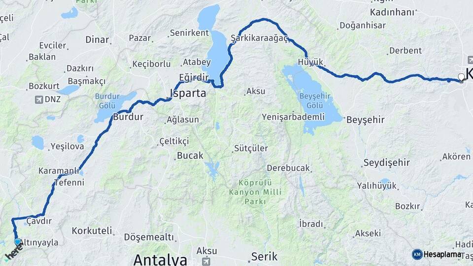 Burdur Altınyayla Konya Arası Kaç Km - Yol Haritası