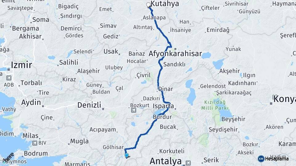 Burdur Altınyayla Kütahya Arası Kaç Km - Yol Haritası