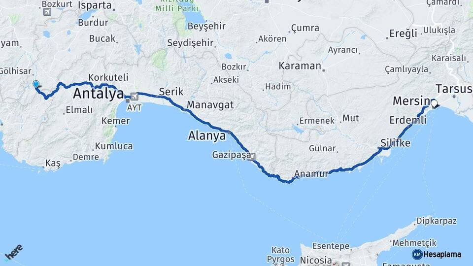 Burdur Altınyayla Mersin Arası Kaç Km - Yol Haritası