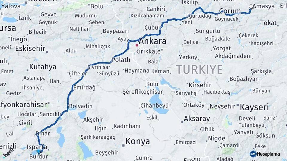 Burdur Amasya Arası Kaç Km - Yol Haritası