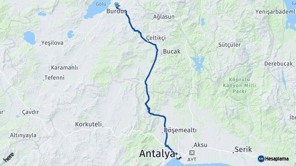 Burdur Antalya Arası Kaç Km - Yol Haritası