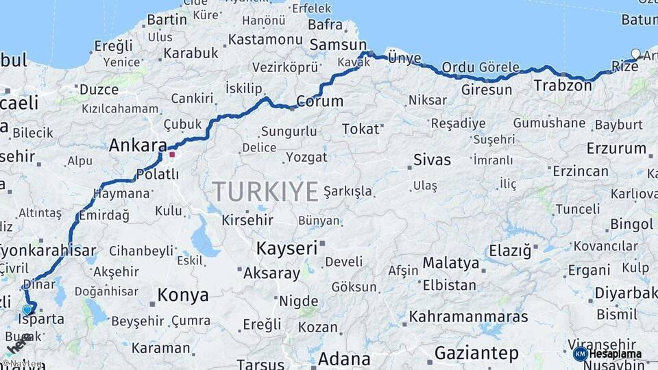 Burdur Ardeşen Rize Arası Kaç Km - Yol Haritası