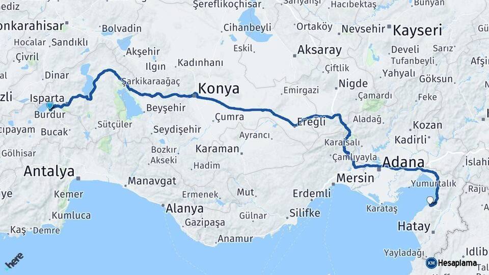 Burdur Arsuz Hatay Arası Kaç Km - Yol Haritası