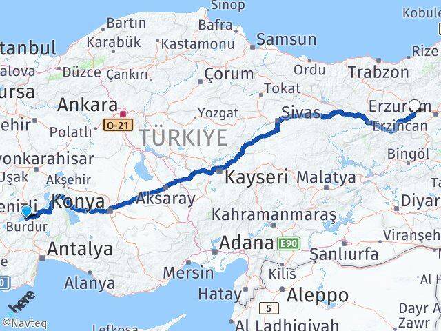 Burdur Aşkale Erzurum Arası Kaç Km - Yol Haritası