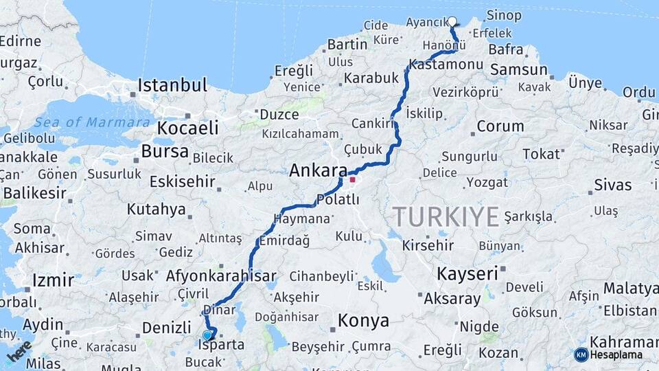 Burdur Ayancık Sinop Arası Kaç Km - Yol Haritası