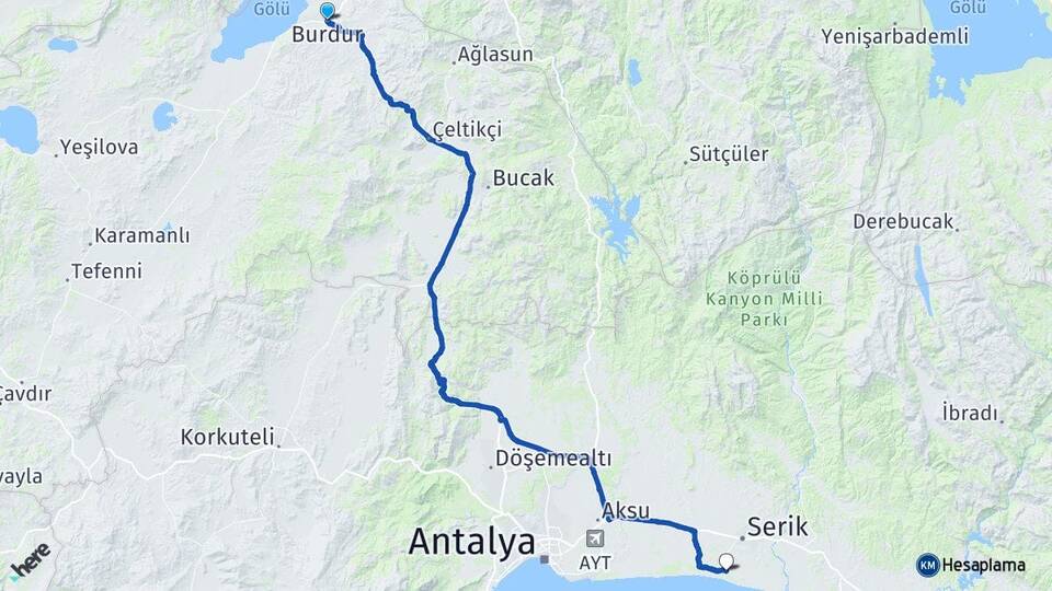 Burdur Belek Serik Antalya Arası Kaç Km - Yol Haritası