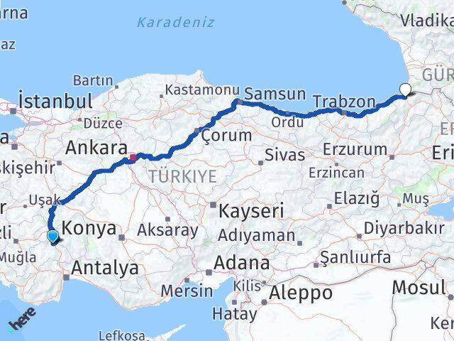 Burdur Borçka Artvin Arası Kaç Km - Yol Haritası