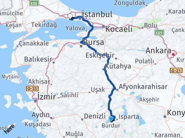 Burdur Büyükçekmece İstanbul Arası Kaç Km - Yol Haritası
