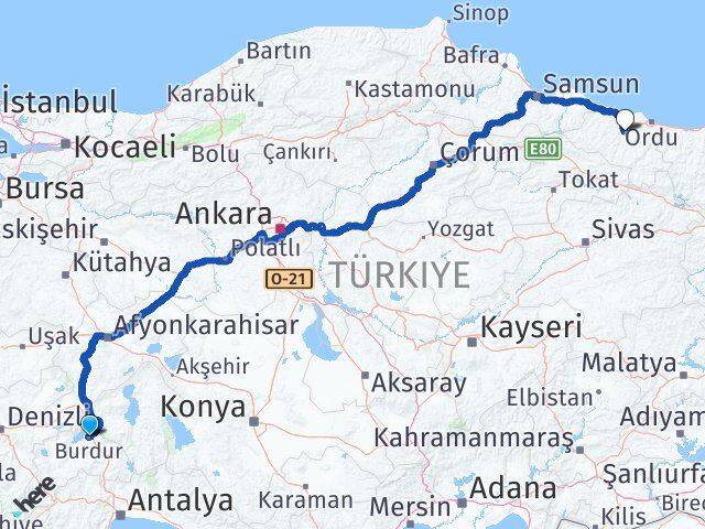 Burdur Çamaş Ordu Arası Kaç Km - Yol Haritası