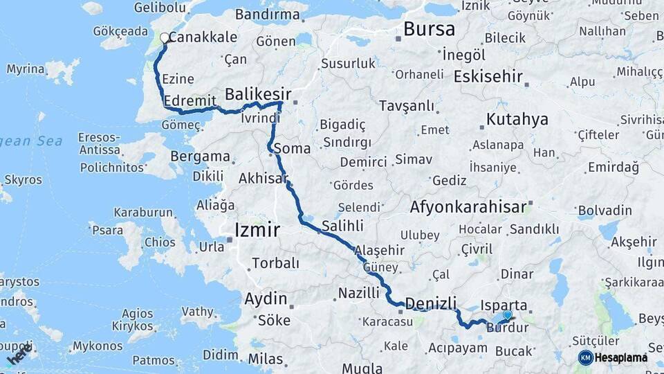 Burdur Çanakkale Arası Kaç Km - Yol Haritası