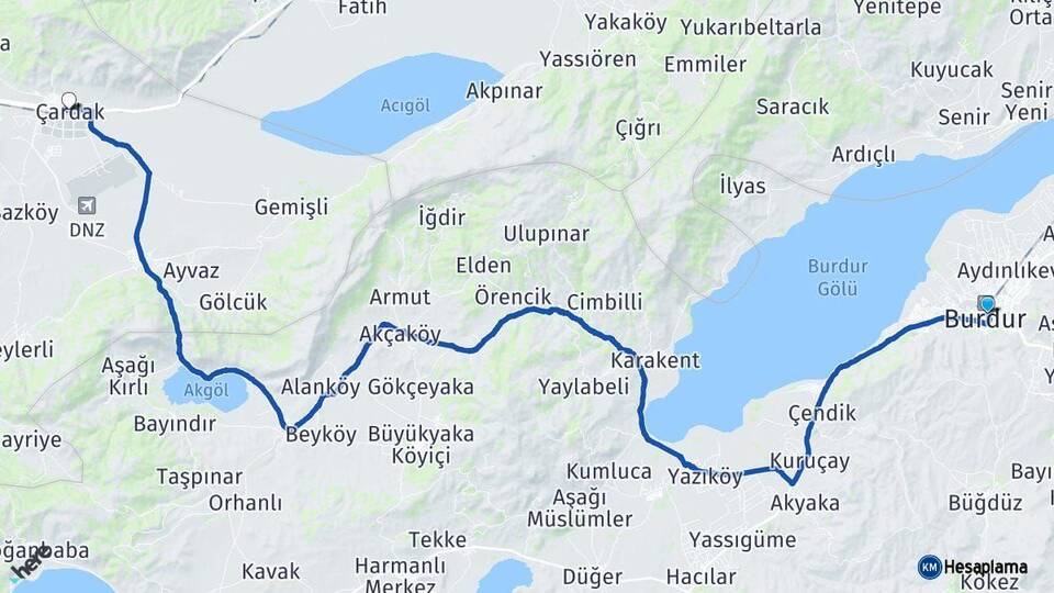 Burdur Çardak Denizli Arası Kaç Km - Yol Haritası