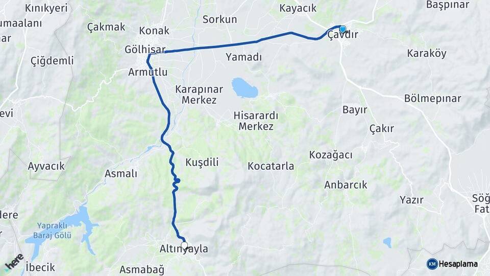 Burdur Çavdır Altınyayla Arası Kaç Km - Yol Haritası