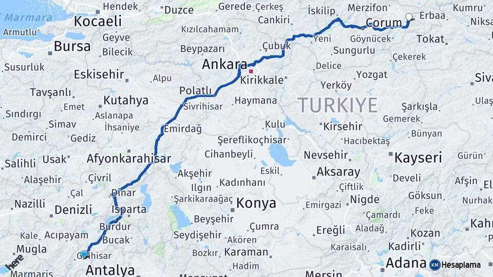 Burdur Çavdır Amasya Arası Kaç Km - Yol Haritası