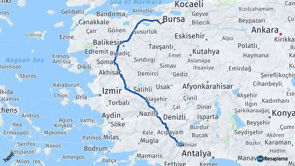 Burdur Çavdır Bursa Arası Kaç Km - Yol Haritası