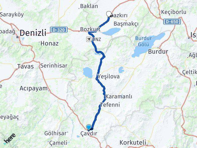 Burdur Çavdır Dazkırı Afyonkarahisar Arası Kaç Km - Yol Haritası