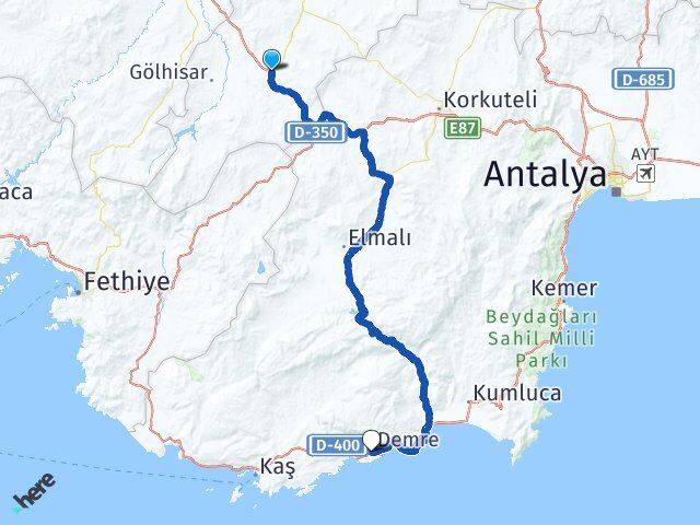 Burdur Çavdır Demre Antalya Arası Kaç Km - Yol Haritası