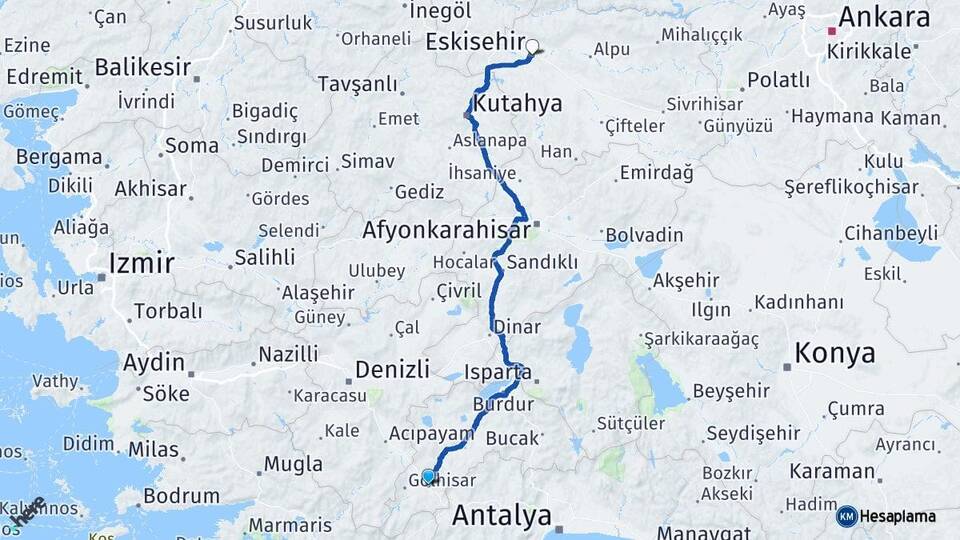 Burdur Çavdır Eskişehir Arası Kaç Km - Yol Haritası