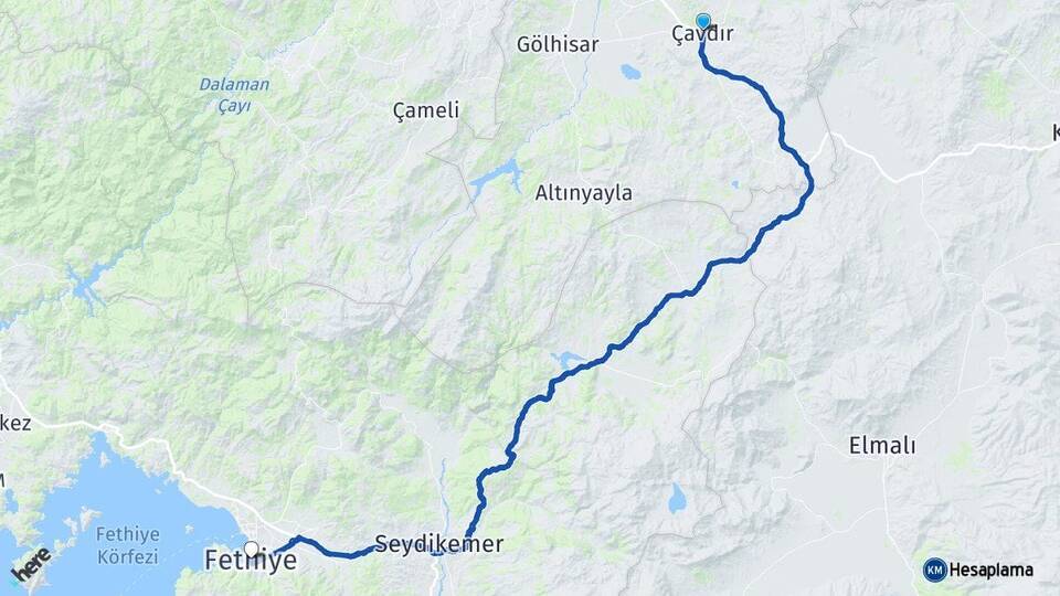 Burdur Çavdır Fethiye Muğla Arası Kaç Km - Yol Haritası