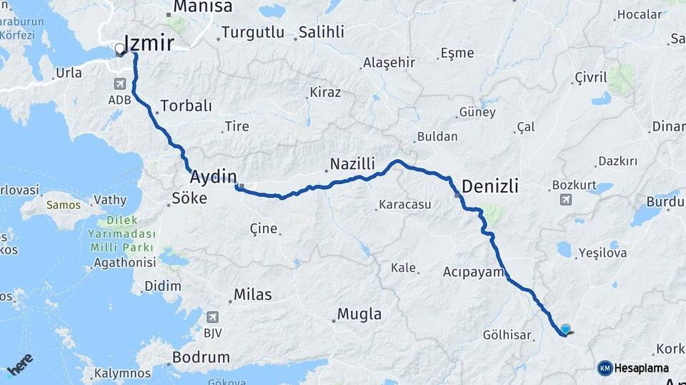 Burdur Çavdır İzmir Arası Kaç Km - Yol Haritası