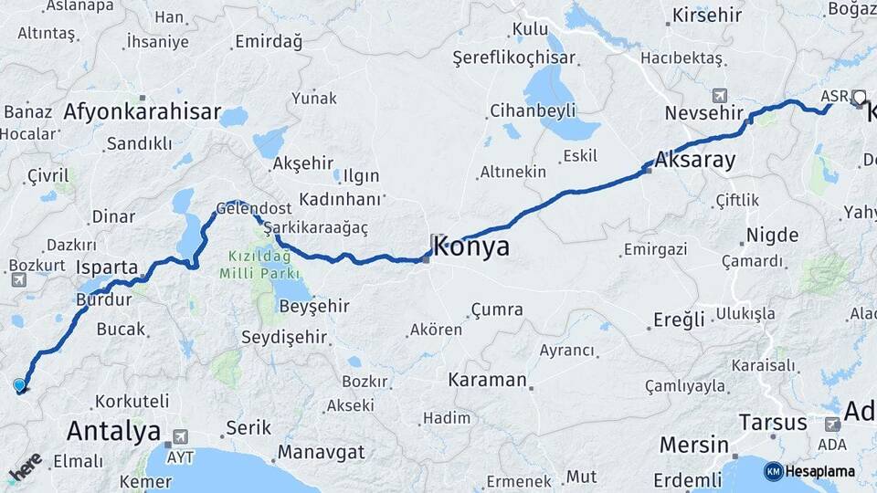 Burdur Çavdır Kayseri Arası Kaç Km - Yol Haritası