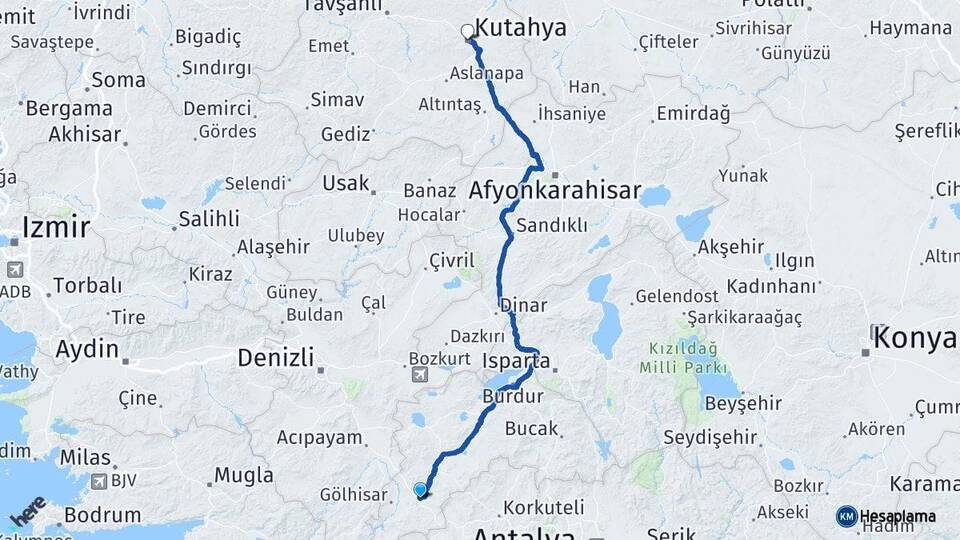 Burdur Çavdır Kütahya Arası Kaç Km - Yol Haritası