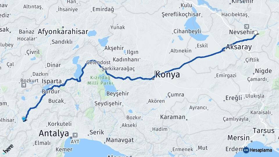 Burdur Çavdır Nevşehir Arası Kaç Km - Yol Haritası