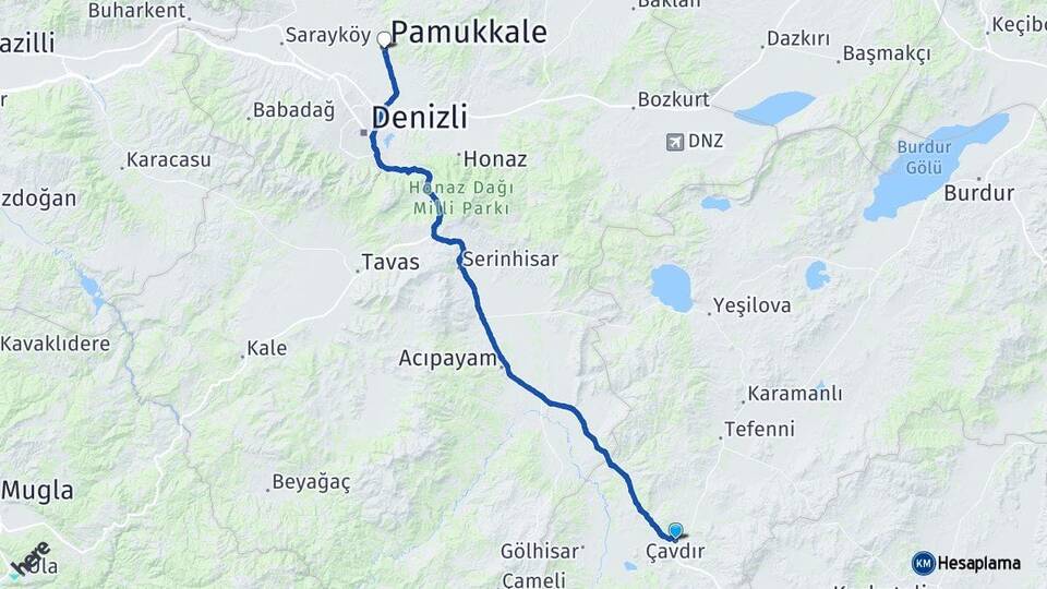Burdur Çavdır Pamukkale Denizli Arası Kaç Km - Yol Haritası