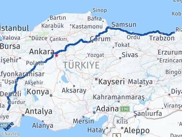 Burdur Çavdır Rize Arası Kaç Km - Yol Haritası