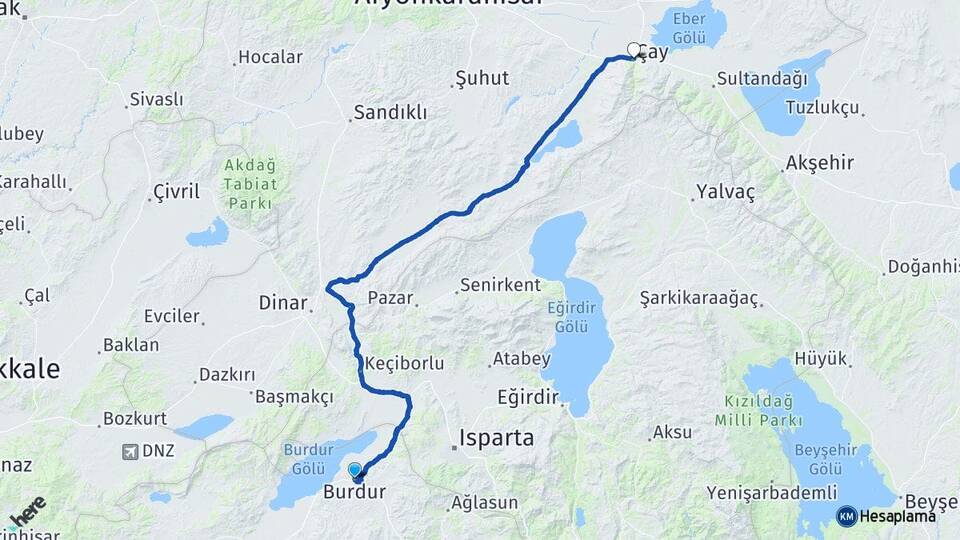 Burdur Çay Afyonkarahisar Arası Kaç Km - Yol Haritası