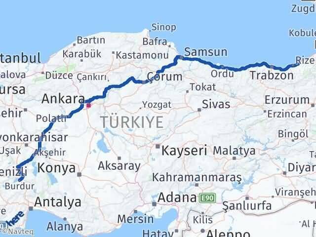 Burdur Çayeli Rize Arası Kaç Km - Yol Haritası