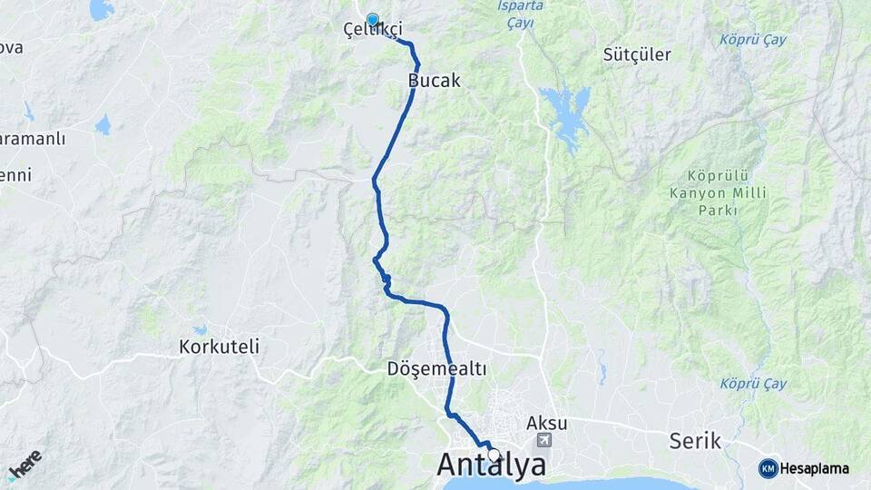Burdur Çeltikçi Antalya Arası Kaç Km - Yol Haritası