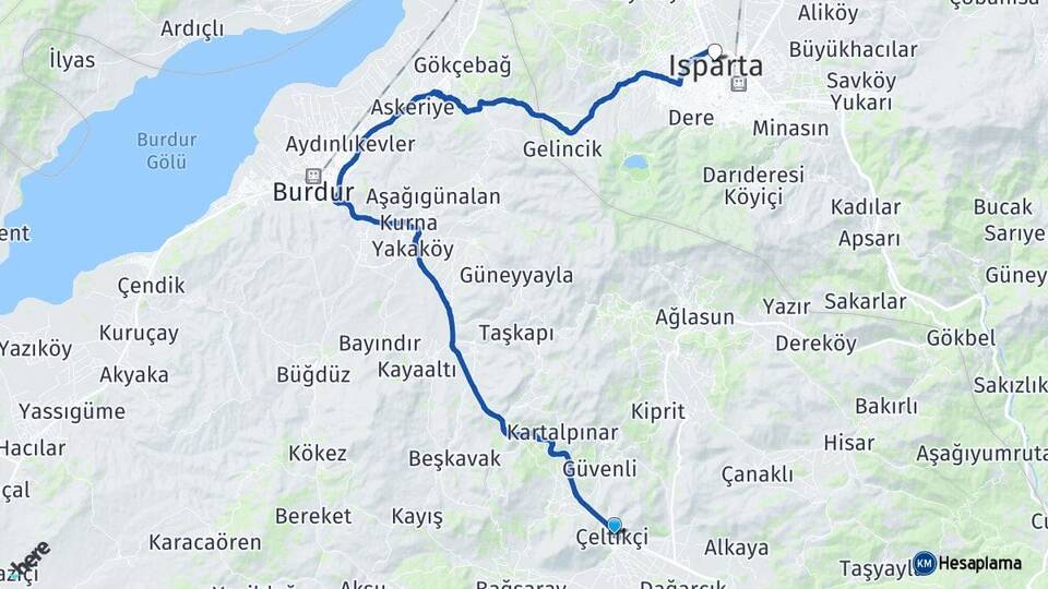 Burdur Çeltikçi Isparta Arası Kaç Km - Yol Haritası