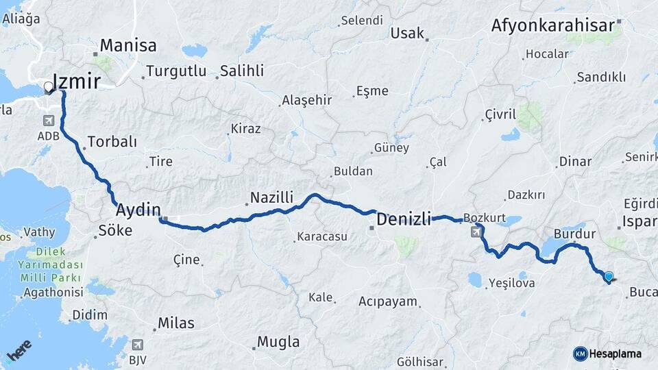 Burdur Çeltikçi İzmir Arası Kaç Km - Yol Haritası