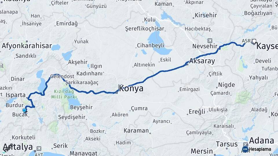 Burdur Çeltikçi Kayseri Arası Kaç Km - Yol Haritası