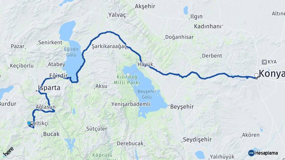 Burdur Çeltikçi Konya Arası Kaç Km - Yol Haritası