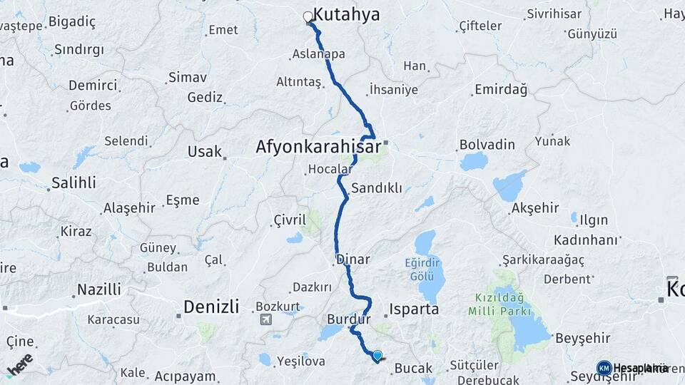 Burdur Çeltikçi Kütahya Arası Kaç Km - Yol Haritası