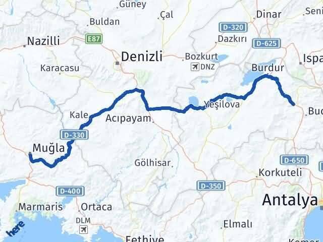 Burdur Çeltikçi Muğla Arası Kaç Km - Yol Haritası