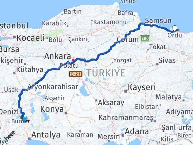 Burdur Çeltikçi Ordu Arası Kaç Km - Yol Haritası
