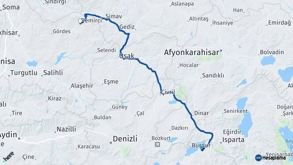 Burdur Demirci Manisa Arası Kaç Km - Yol Haritası