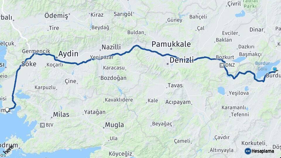 Burdur Didim Aydın Arası Kaç Km - Yol Haritası