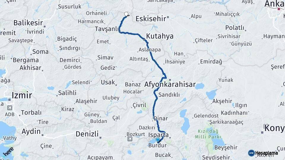Burdur Domaniç Kütahya Arası Kaç Km - Yol Haritası