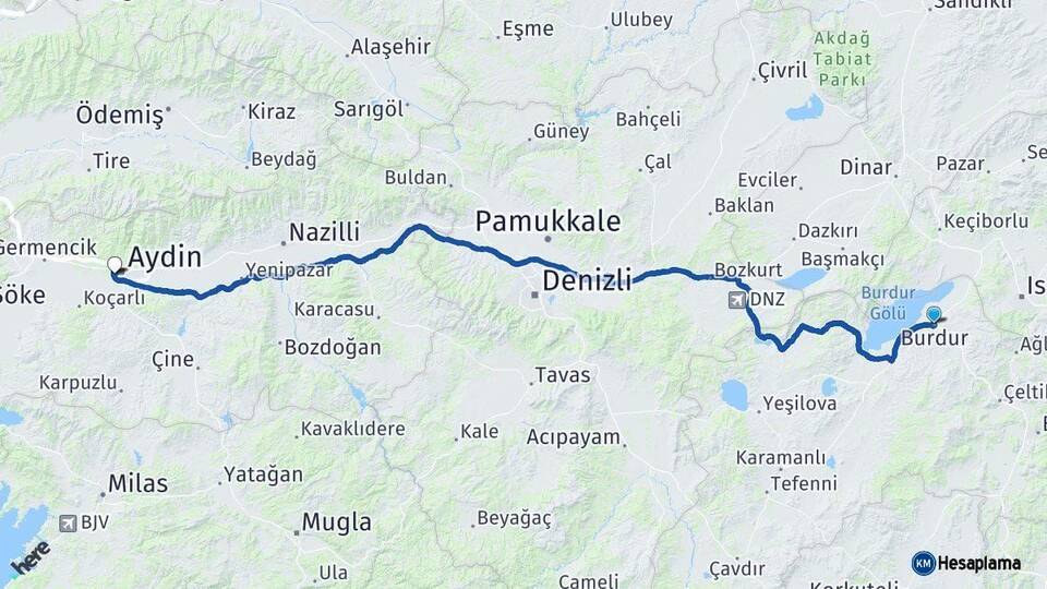 Burdur Efeler Aydın Arası Kaç Km - Yol Haritası