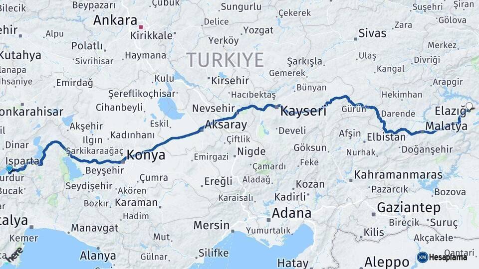 Burdur Elazığ Arası Kaç Km - Yol Haritası