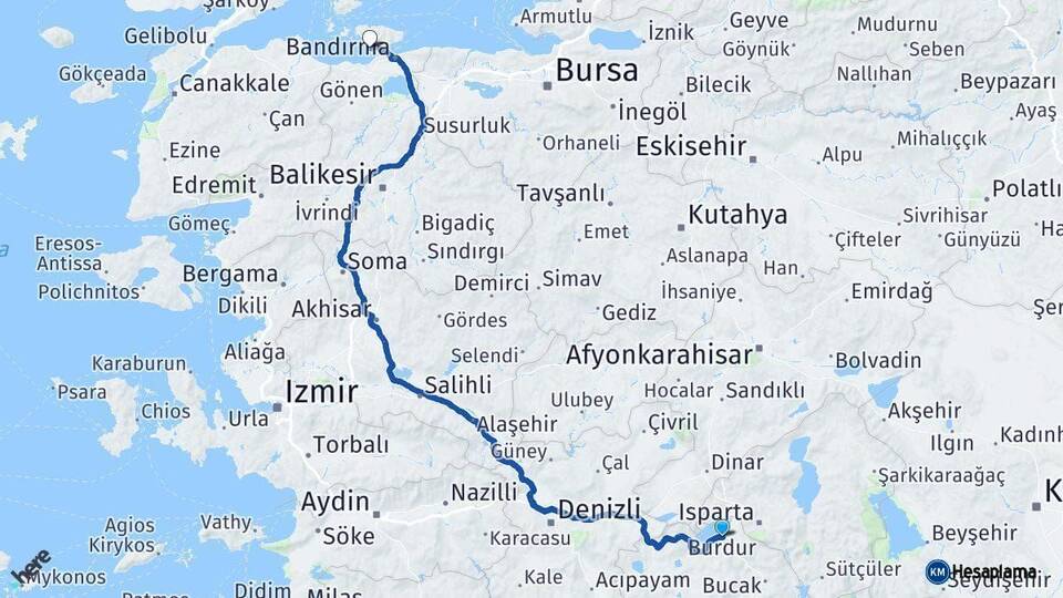 Burdur Erdek Balıkesir Arası Kaç Km - Yol Haritası