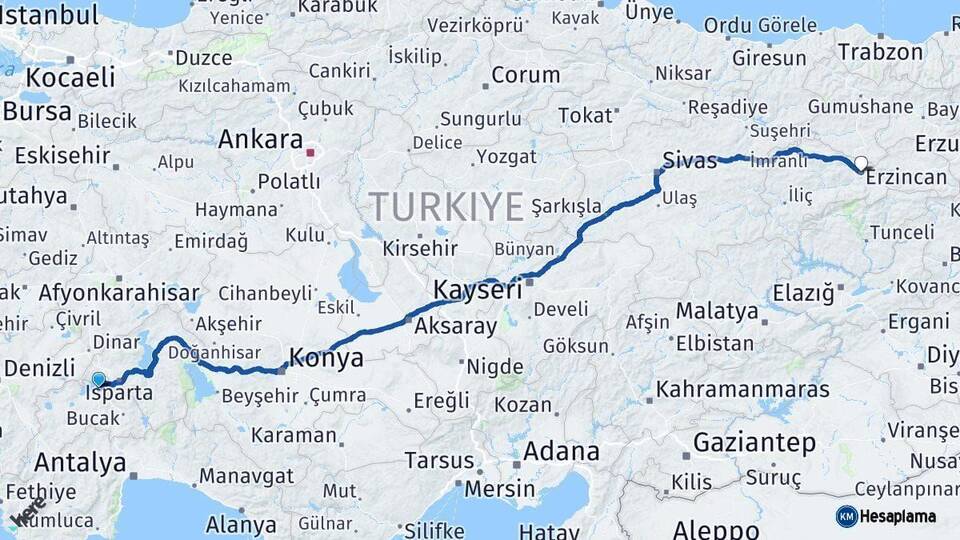 Burdur Erzincan Arası Kaç Km - Yol Haritası