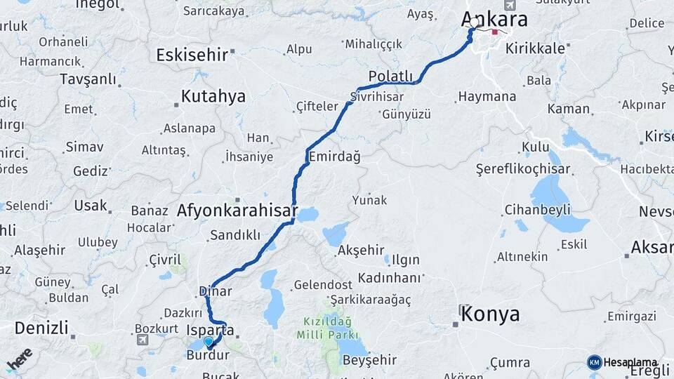 Burdur Etimesgut Ankara Arası Kaç Km - Yol Haritası