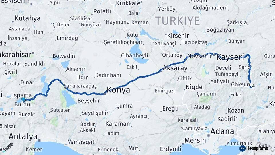 Burdur Göksun Kahramanmaraş Arası Kaç Km - Yol Haritası