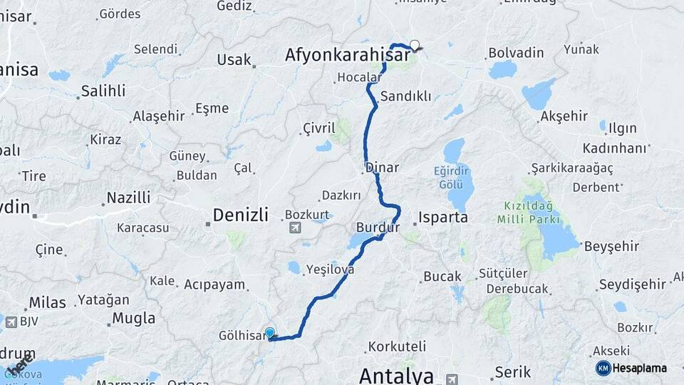 Burdur Gölhisar Afyonkarahisar Arası Kaç Km - Yol Haritası