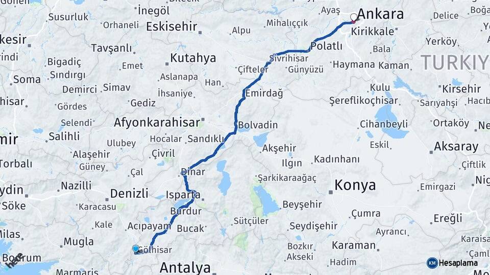 Burdur Gölhisar Ankara Arası Kaç Km - Yol Haritası